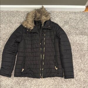 Black and Brown Puffer Jackets with Fur Trim